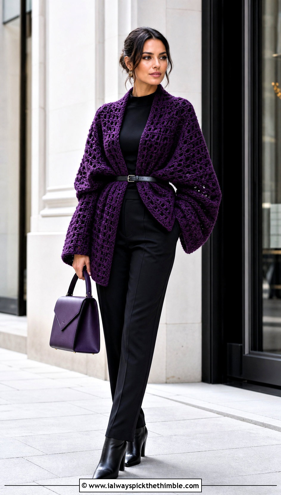 Belted Sleeve Scarf With Monochrome Separates - 20 crochet scarf with arms outfit ideas