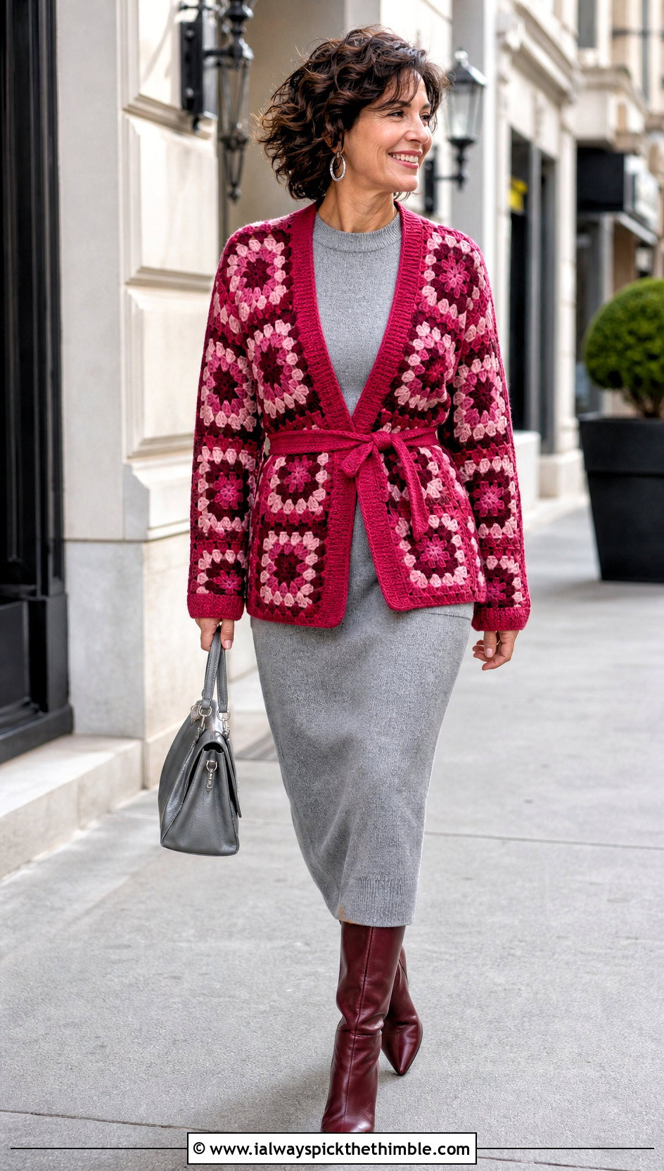 Belted Small Granny Square Cardigan With Knit Midi Dress - 20 Small Granny Square Cardigan outfit ideas