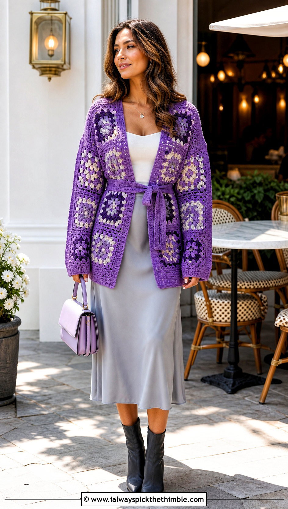 Belted Solid Granny Square Cardigan With Midi Skirt - 20 Crochet Solid Granny Square Cardigan outfit ideas