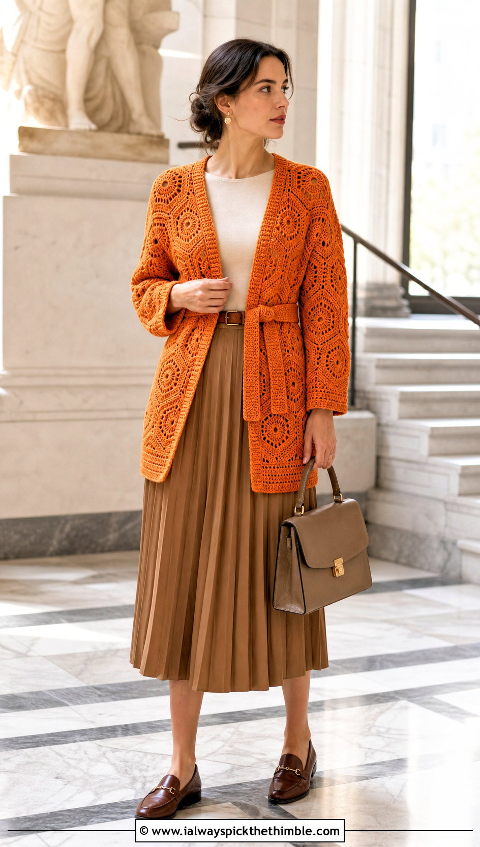 Belted Solid Hexagon Cardigan With Pleated Midi Skirt - 20 crochet solid hexagon cardigan outfit ideas
