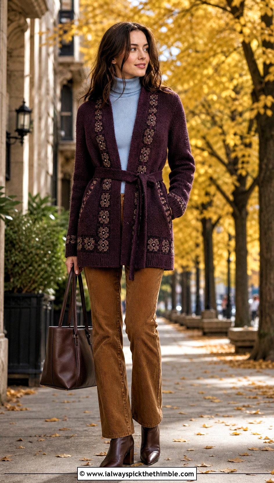 Belted Square Coatigan With Corduroy Pants - 20 crochet square cardigan outfit ideas