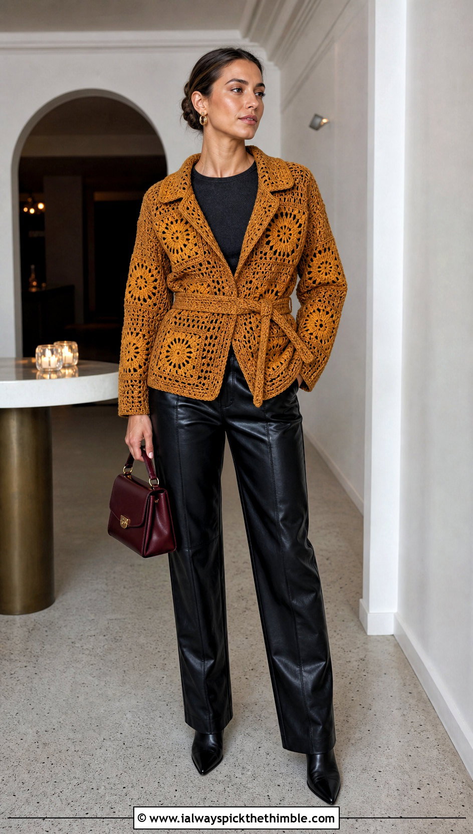 Belted Square Jacket With Leather Pants - 20 crochet square jacket outfit ideas
