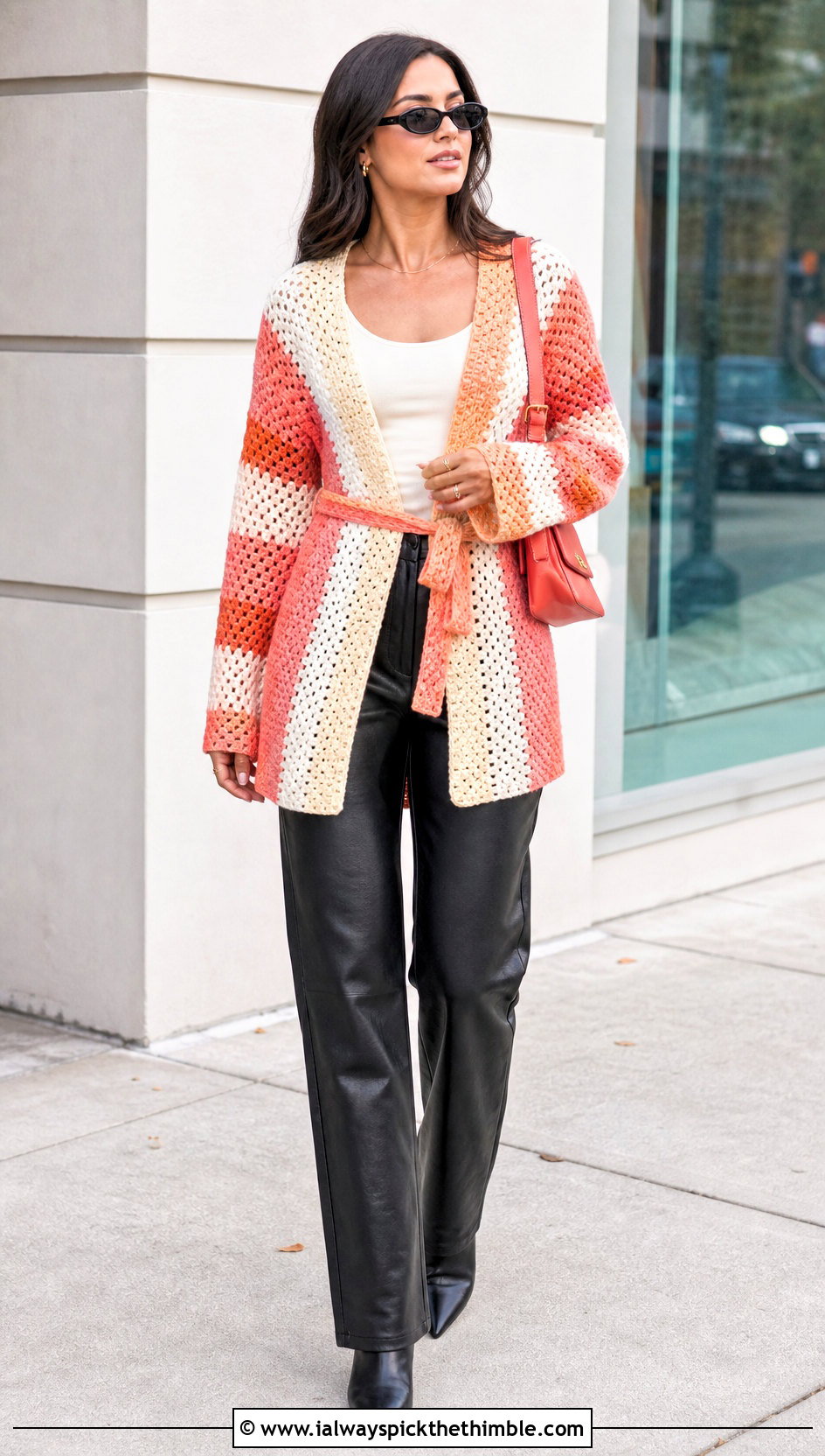 Belted Stripe Crochet Cardigan With Leather Pants - 20 striped crochet cardigan outfit ideas