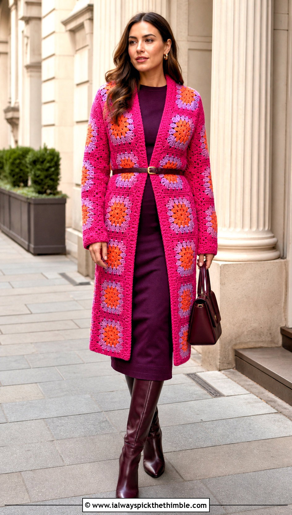 Belted Sunburst Granny Square Cardigan With Column Dress - 25 sunburst granny square cardigan outfit ideas