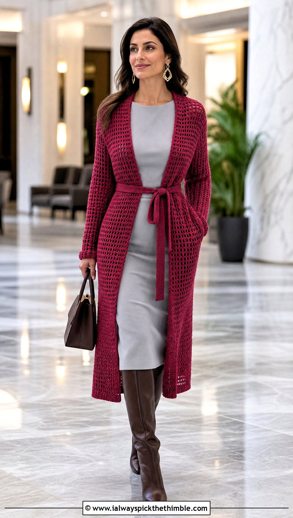 Belted Top Down Crochet Cardigan With Column Dress - 20 top down crochet cardigan outfit ideas
