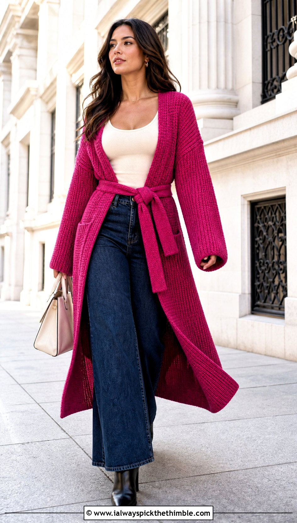 Belted Tunisian Duster Cardigan With Wide Leg Jeans - 20 Crochet Tunisian Cardigan outfit ideas