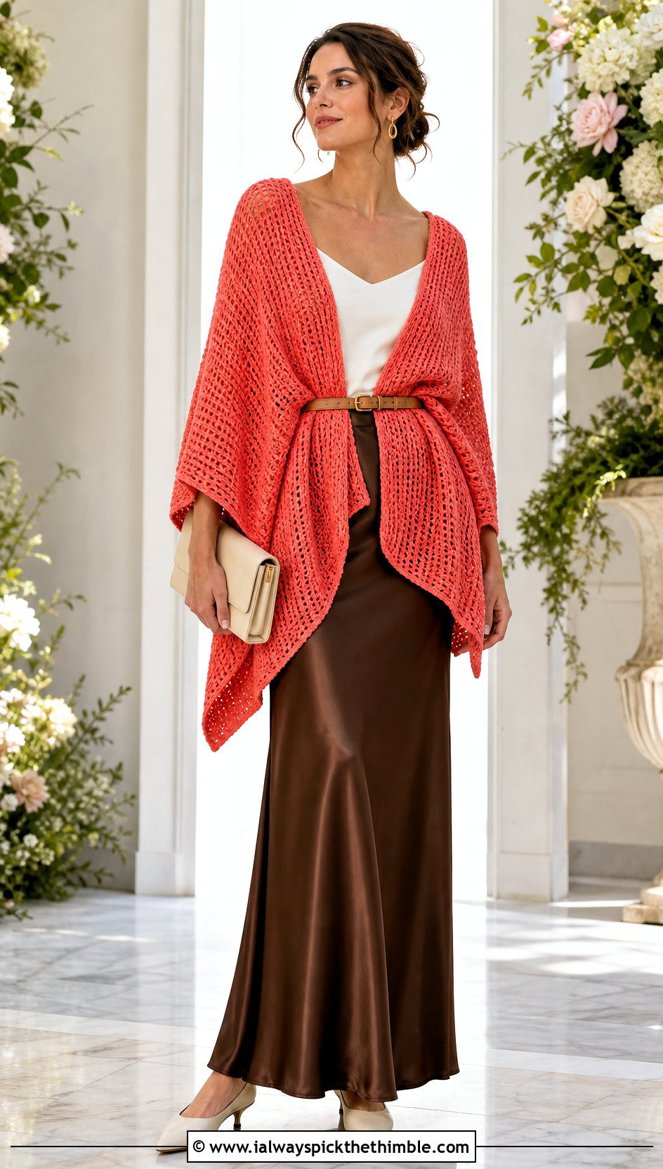 Belted Tunisian Simple Stitch Poncho With Satin Maxi Skirt - 20 tunisian crochet poncho outfit ideas
