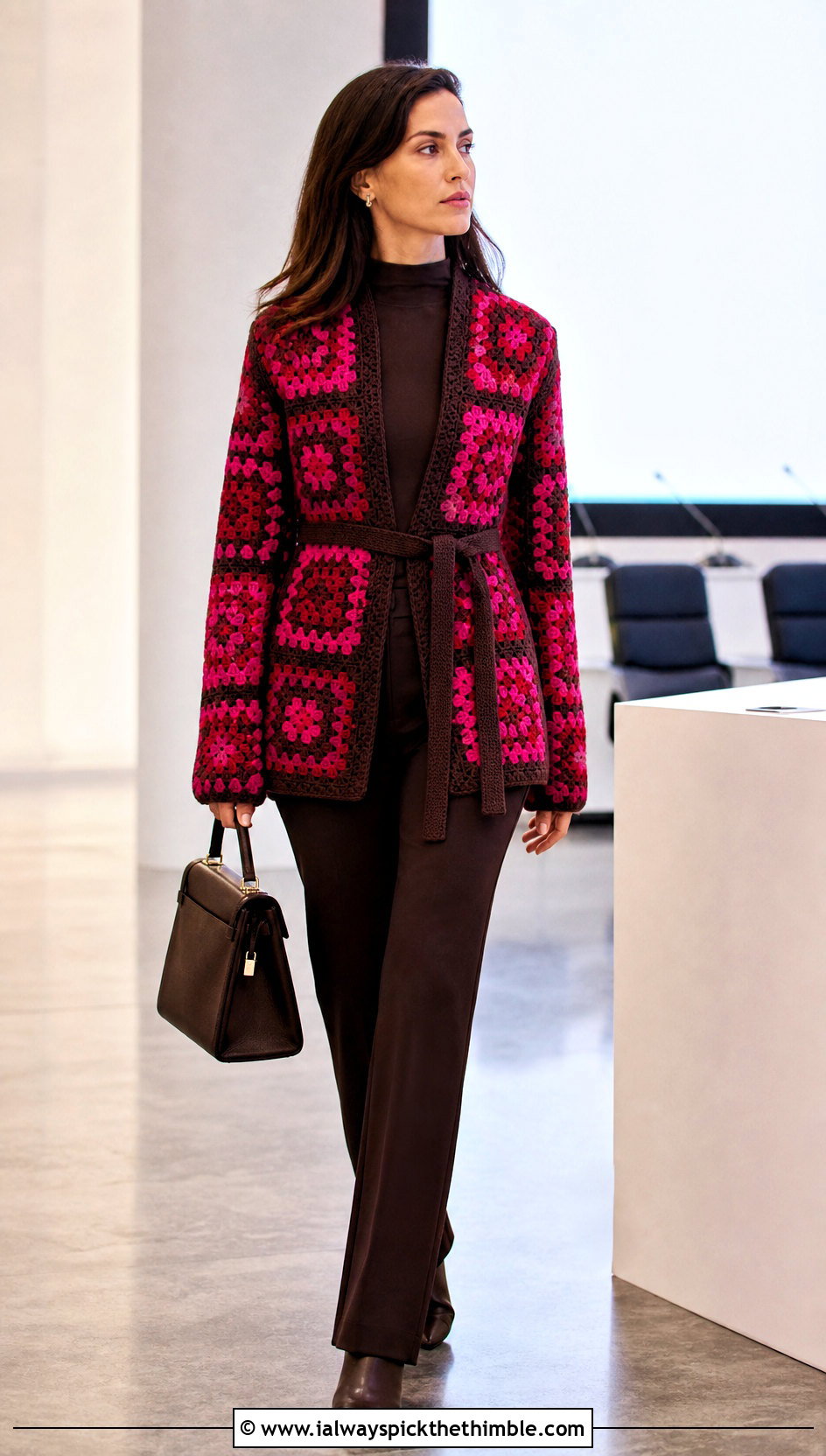 Belted Two Color Granny Square Cardigan With Monochrome Basics - 20 Two Granny Square Cardigan outfit ideas