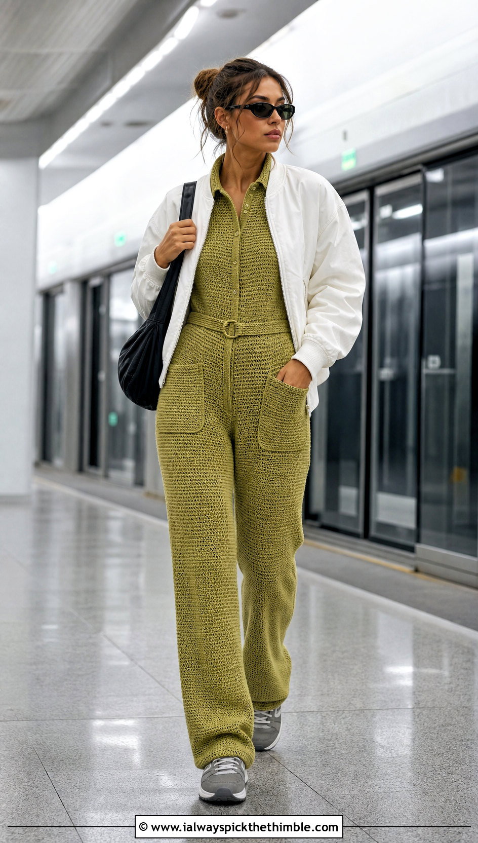 Belted Utility Crochet Jumpsuit With Bomber Jacket - 20 crochet jumpsuit outfit ideas