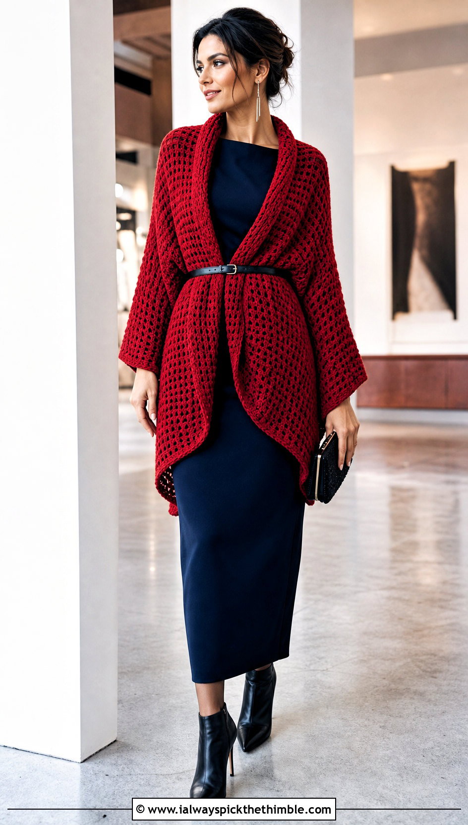 Belted Waffle Crochet Shawl With Column Dress - 15 Waffle Crochet Shawl outfit ideas