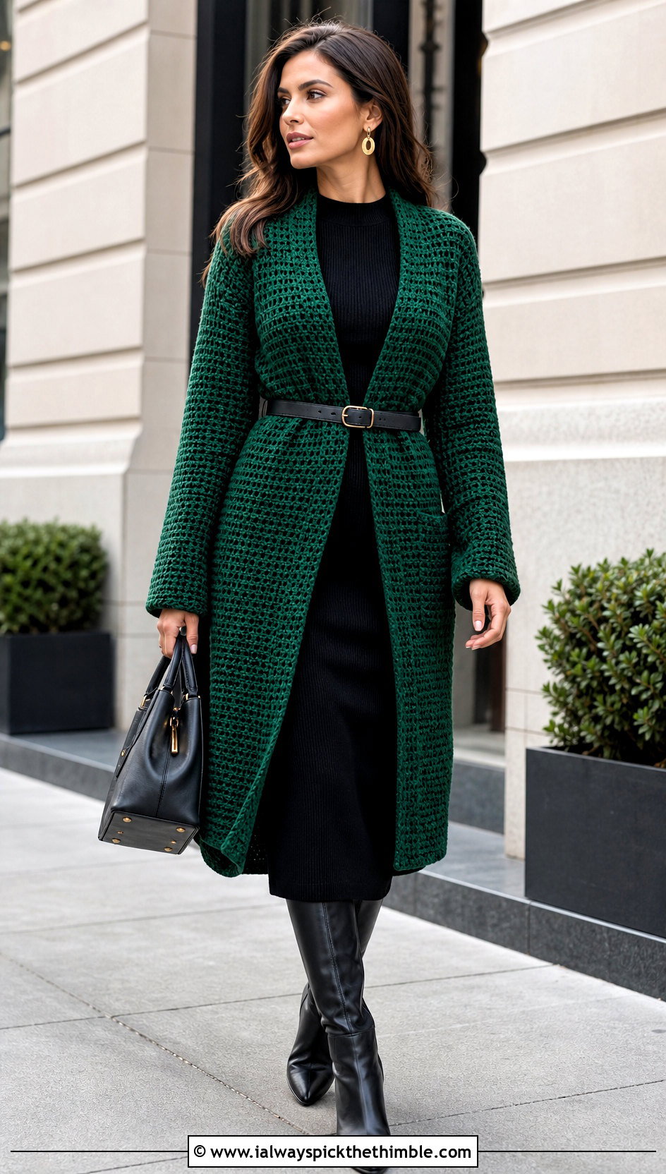 Belted Waffle Stitch Crochet Cardigan With Knit Dress - 20 crochet waffle stitch cardigan outfit ideas