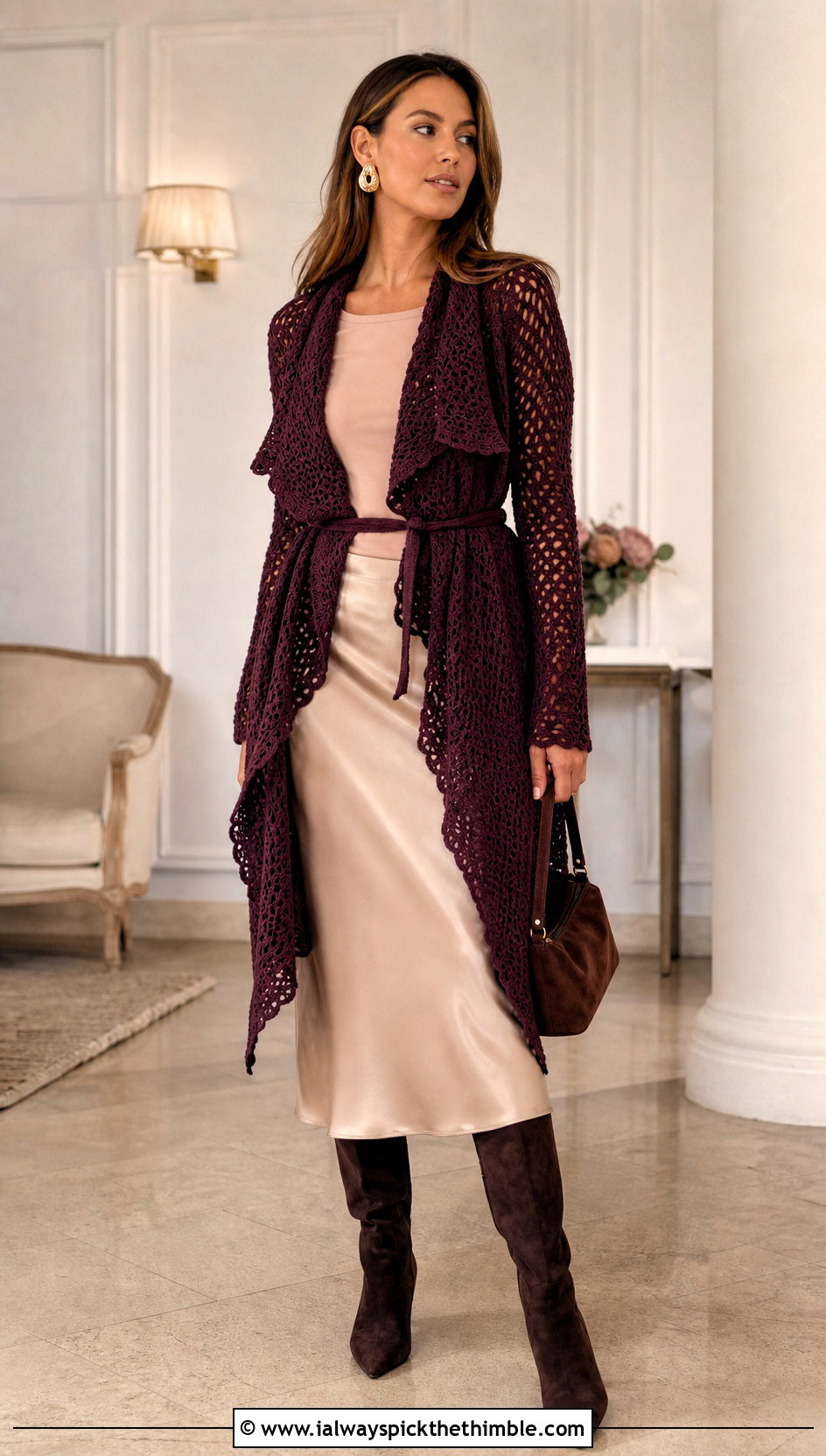 Belted Waterfall Crochet Fall Cardigan With Satin Slip Skirt - 25 crochet fall cardigan outfit ideas