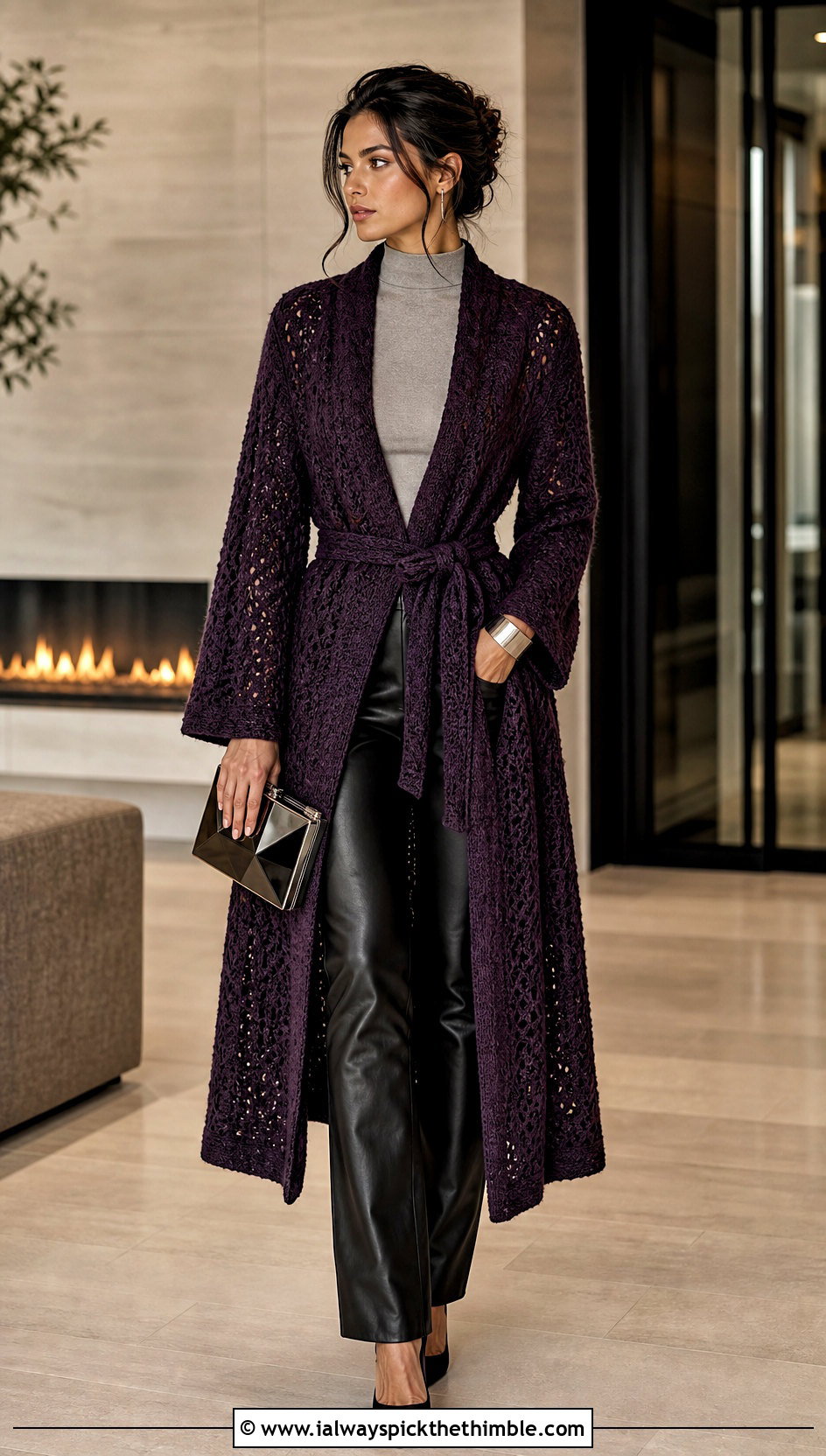 Belted Wrap Crochet Bathrobe With Leather Pants - 20 crochet bathrobe outfit ideas