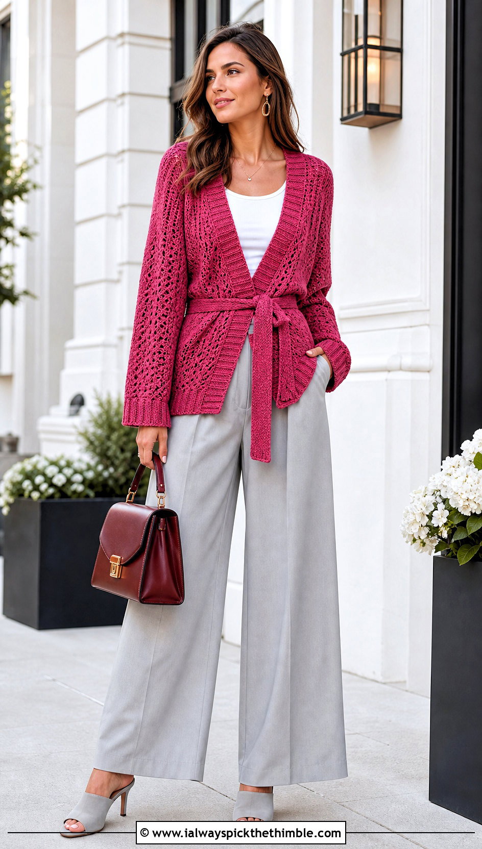 Belted Wrap Crochet Cardigan With Wide Leg Pants - 20 crochet for cardigans outfit ideas