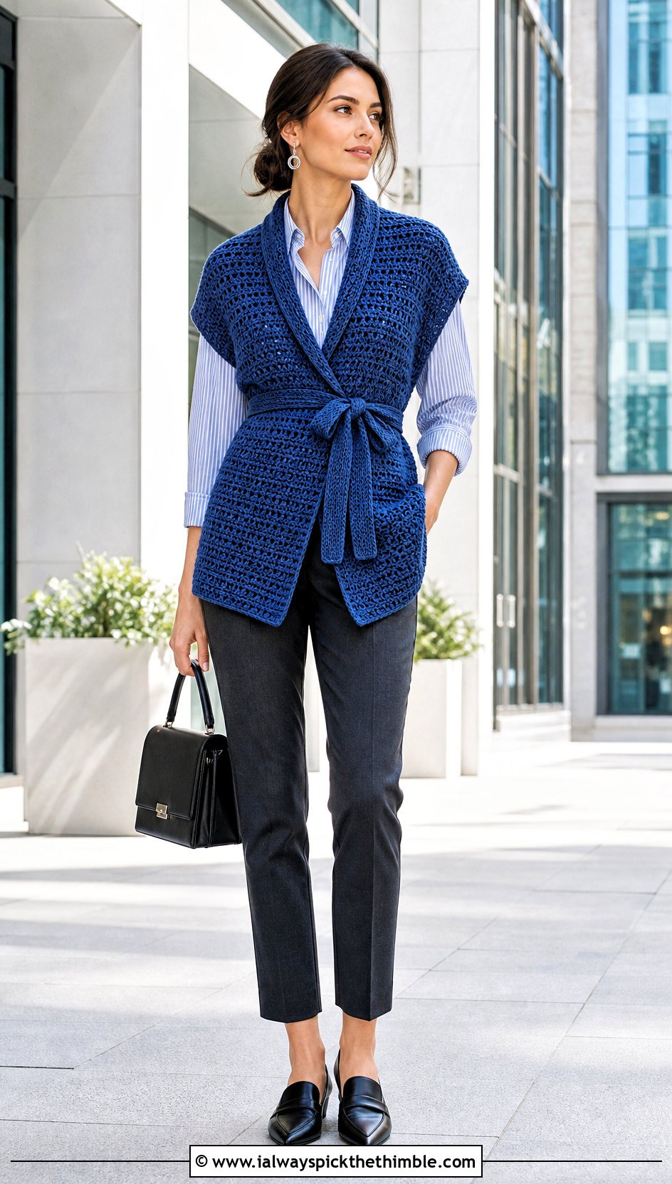 Belted Wrap Crochet Shawl Vest With Cigarette Pants - 20 crochet shawl vest outfit ideas