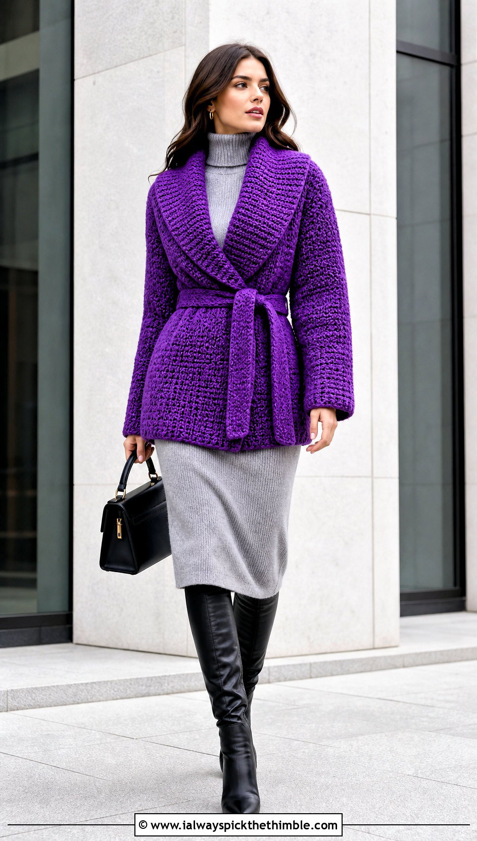 Belted Wrap Crochet Winter Jacket With Turtleneck Dress - 20 crochet winter jacket outfit ideas