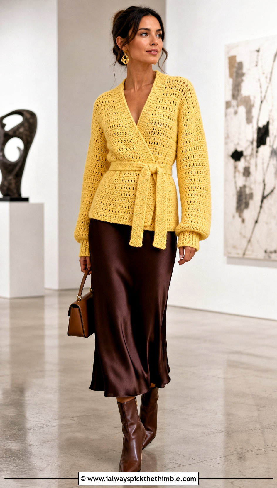 Belted Wrap DK Crochet Cardigan With Satin Skirt - 20 Dk Crochet Cardigan outfit ideas