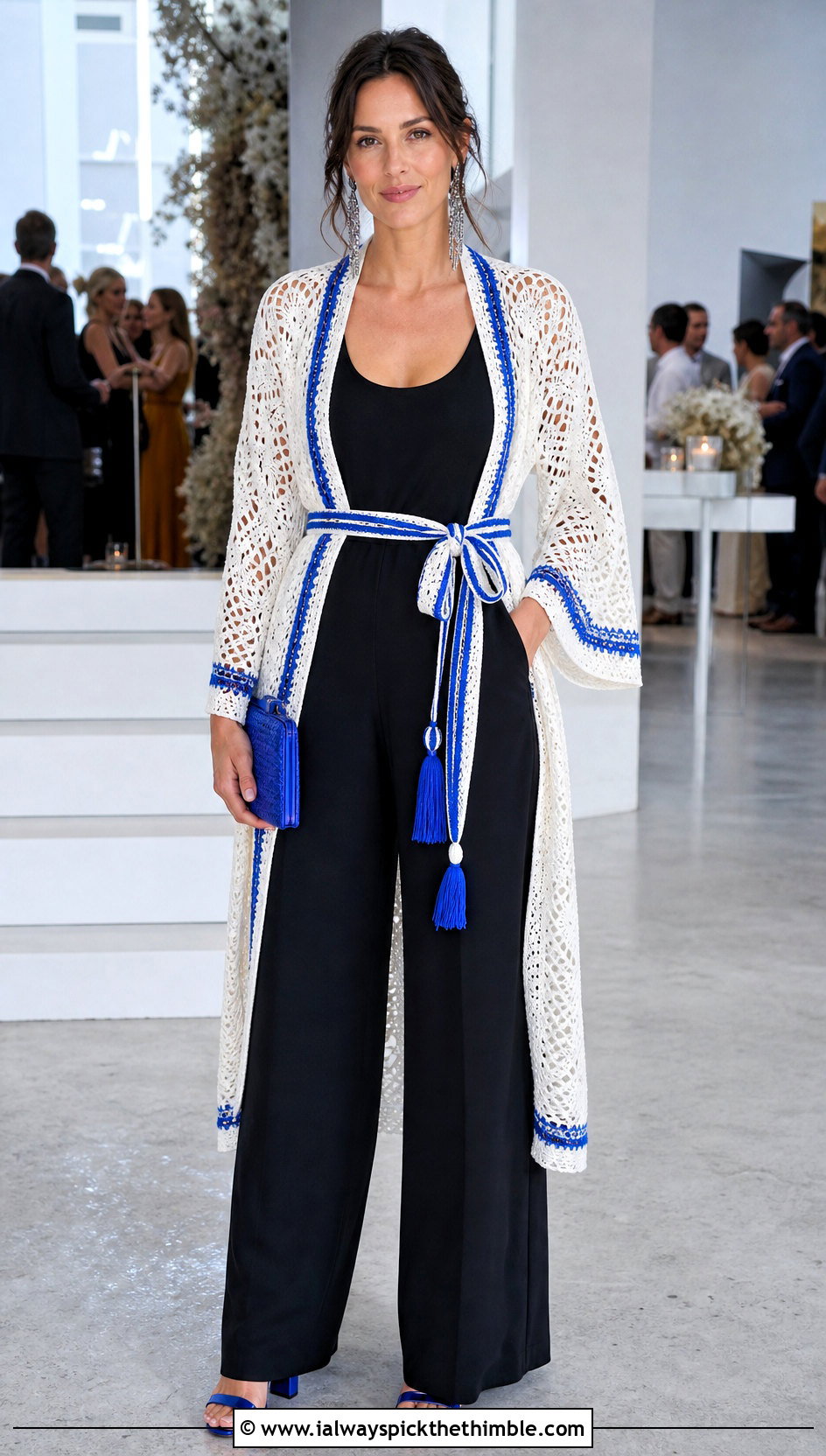 Belted Wrap White Crochet Kimono With Black Jumpsuit - 15 White Crochet Kimono outfit ideas