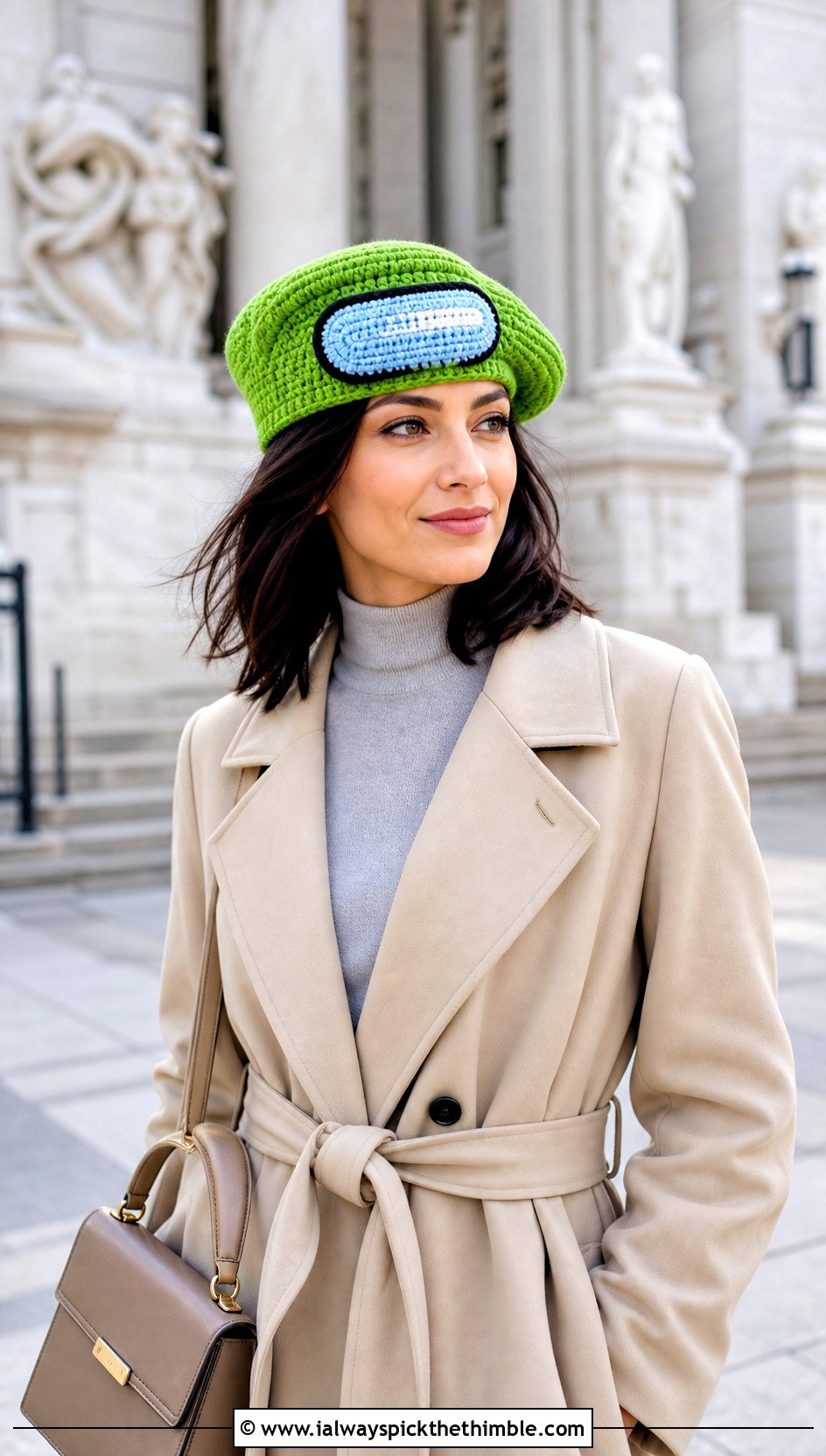 Beret Crewmate Hat With Trench Coat - 20 Among Us Crochet Hat outfit ideas
