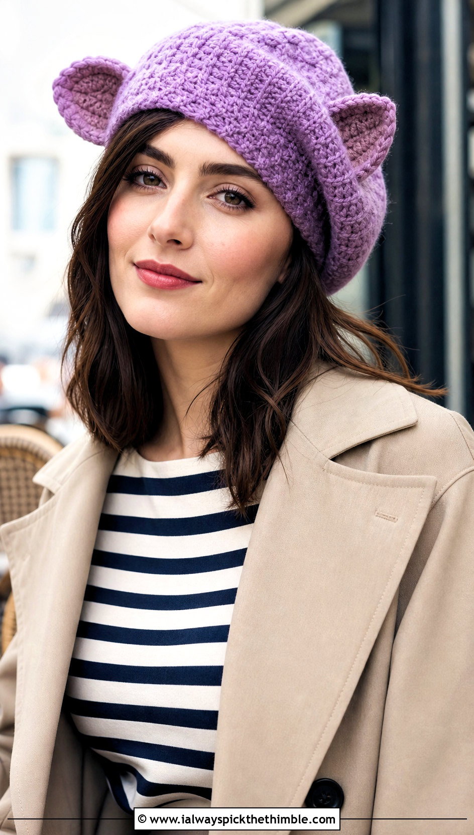 Beret Dobby Crochet Hat With Striped Tee And Cigarette Pants - 20 dobby crochet hat outfit ideas