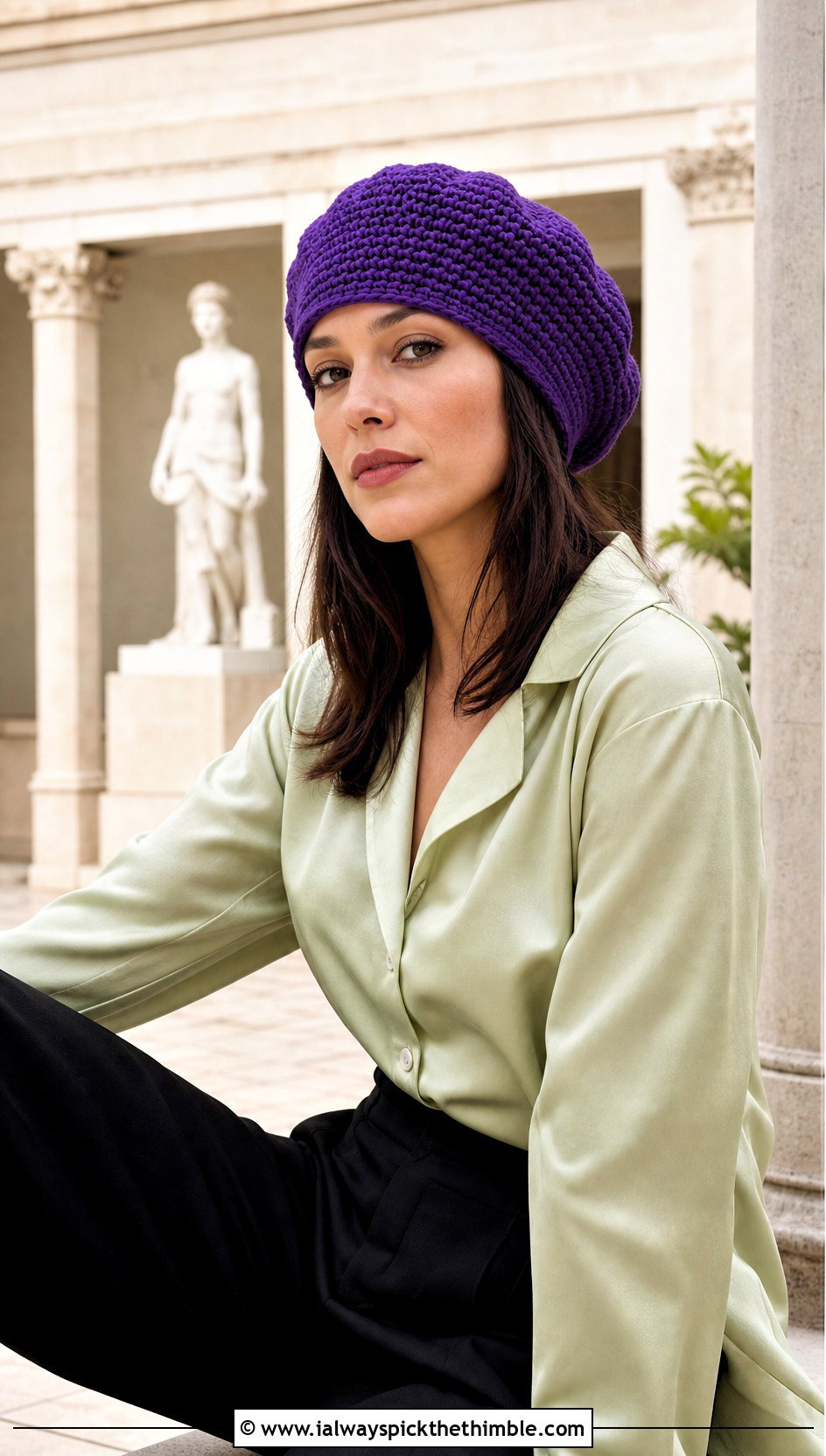 Beret Style Crochet Beanie With Blouse And Wide Leg Pants - 25 easy crochet beanie outfit ideas