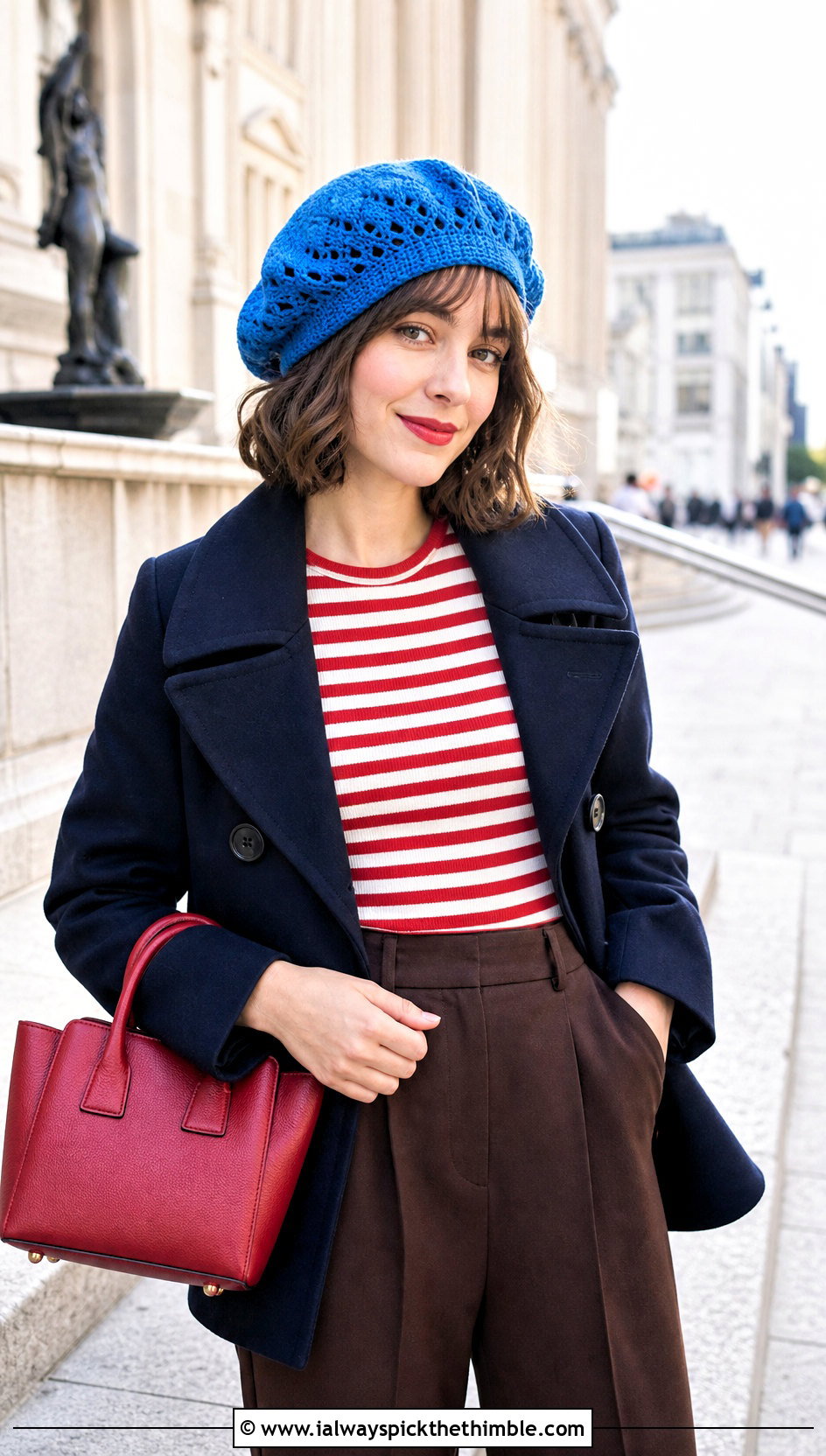 Beret Style Crochet Beanie With Striped Top And Trousers - 20 Boho Crochet Beanie outfit ideas