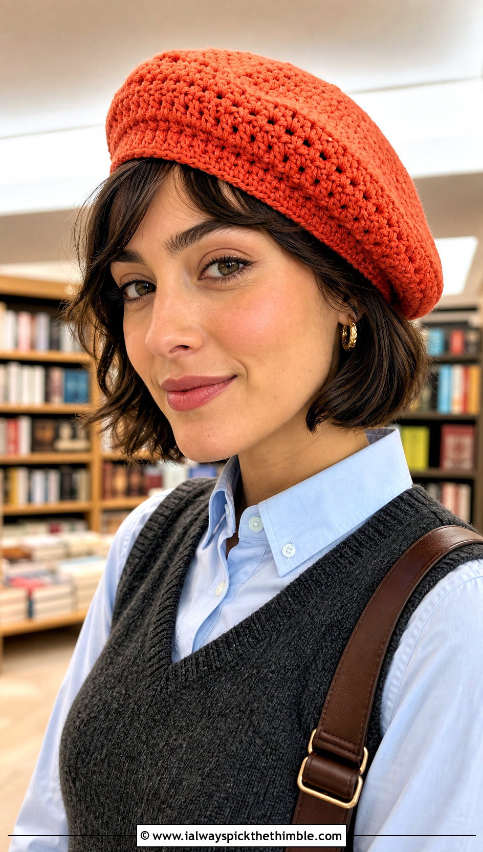 Beret Style Crochet Beanie With Sweater Vest And Trousers - 15 Crochet Lightweight Beanie outfit ideas
