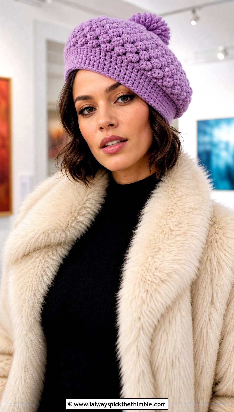 Beret Style Crochet Bobble Hat With Faux Fur Coat - 20 crochet bobble hat outfit ideas