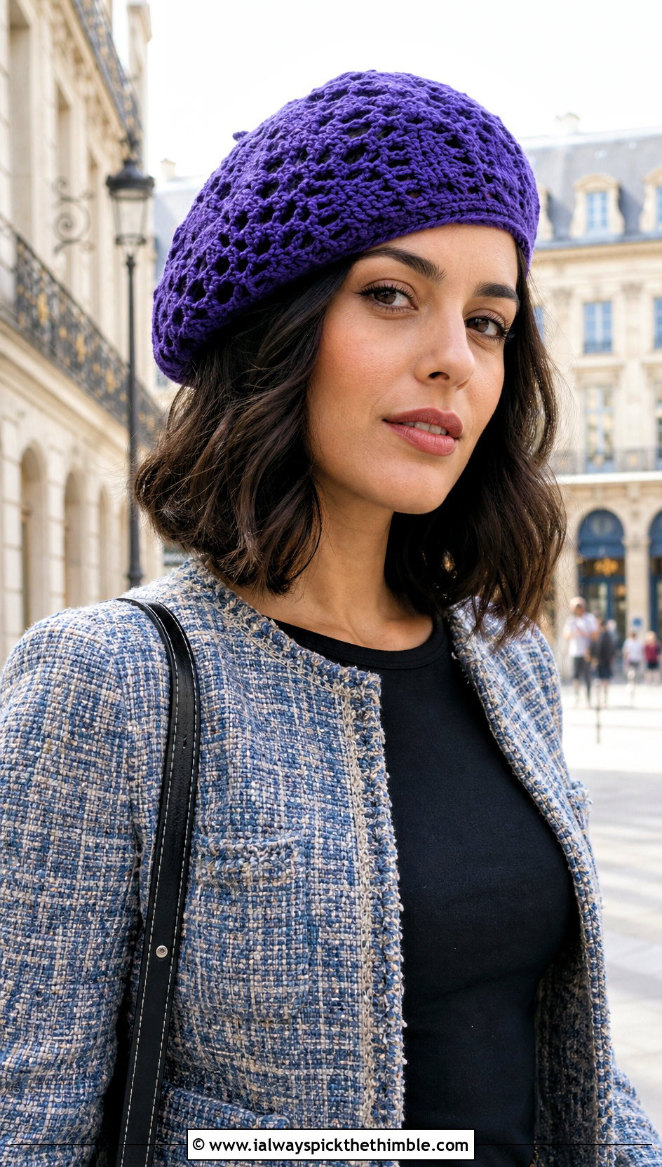 Beret Style Crochet Lace Beanie With Tweed Jacket - 20 crochet lace beanie outfit ideas