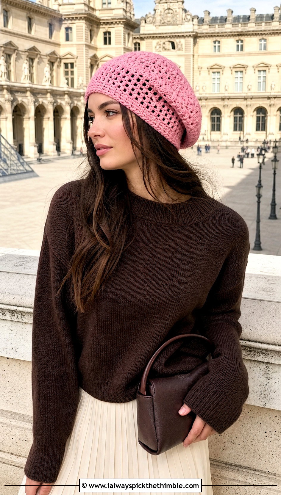 Beret Style Crochet Slouchy Hat With Sweater And Pleated Skirt - 25 crochet slouchy hat outfit ideas