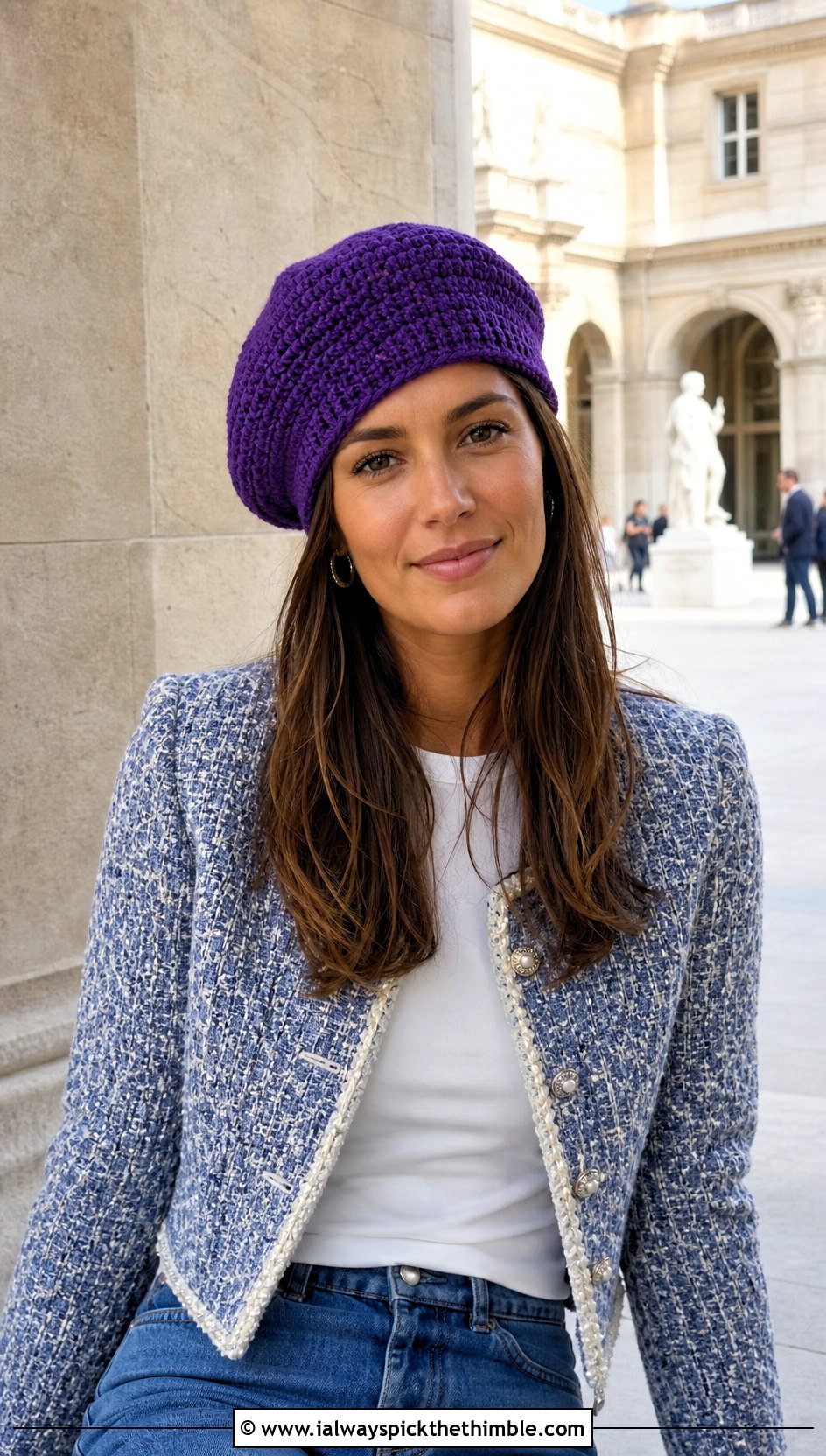 Beret Style Half Double Crochet Beanie With Tweed Jacket - 25 half double crochet beanie outfit ideas