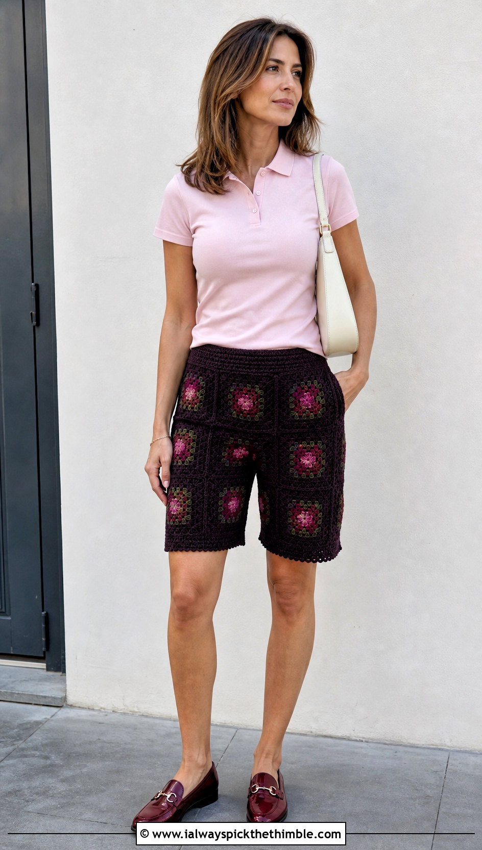 Bermuda Crochet Granny Square Shorts With Polo Top - 25 crochet granny square shorts outfit ideas