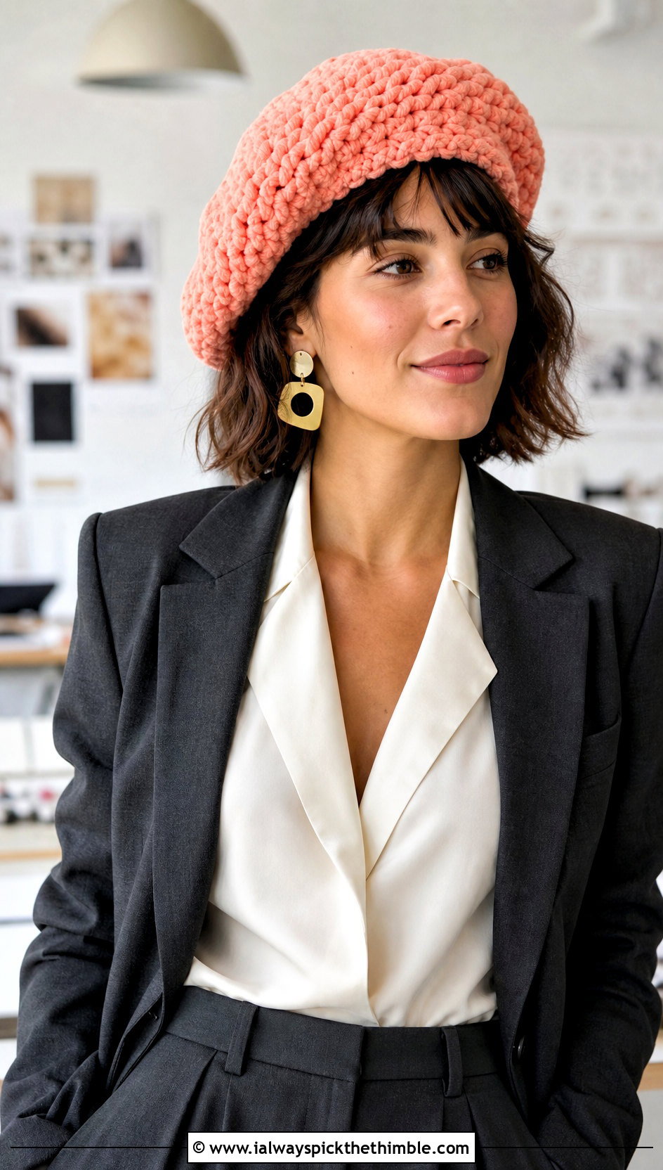 Bernat Blanket Yarn Beret With Tailored Blazer - 20 bernat blanket yarn crochet hat outfit ideas