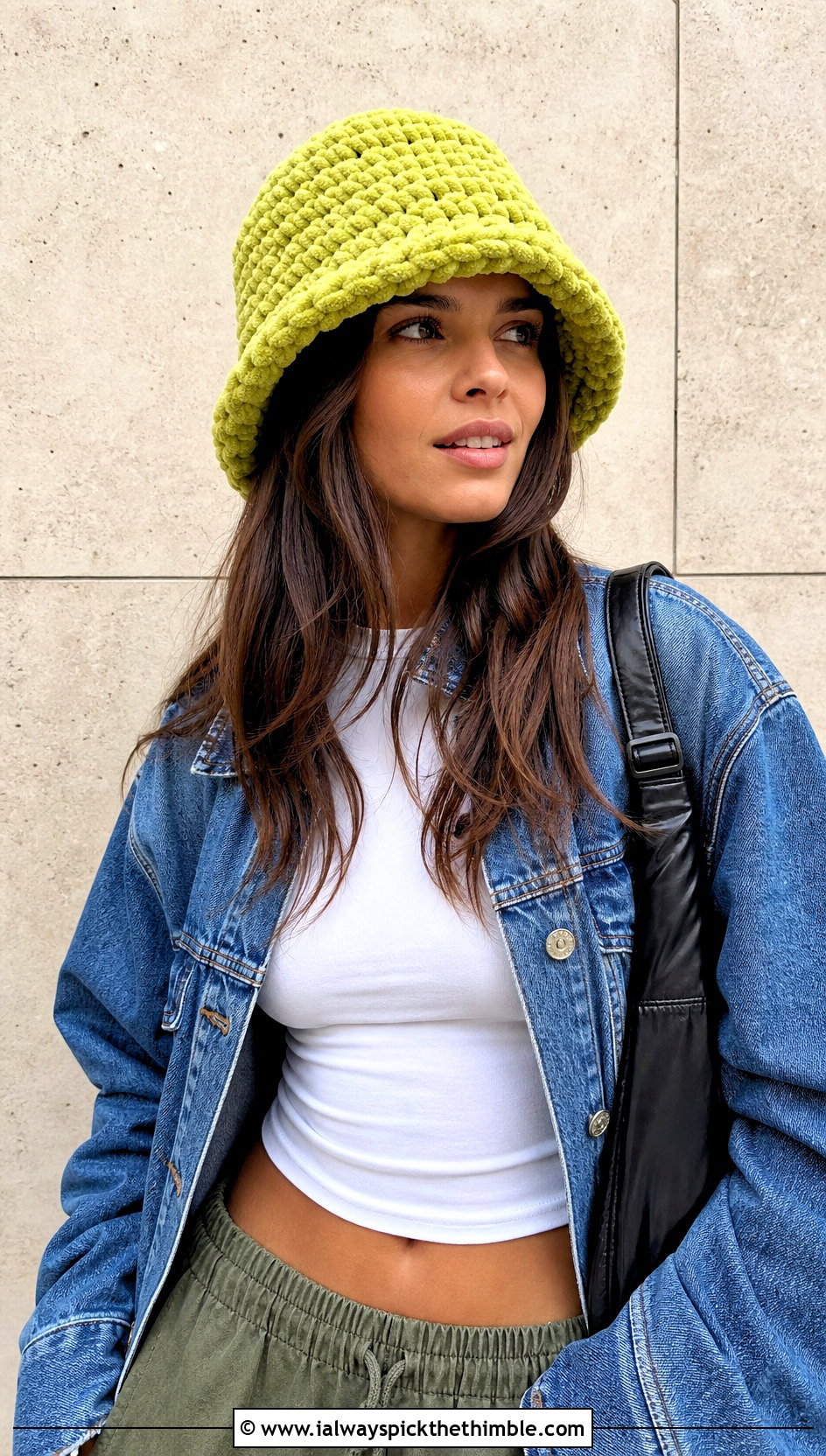 Bernat Blanket Yarn Bucket Hat With Denim Jacket - 20 bernat blanket yarn crochet hat outfit ideas