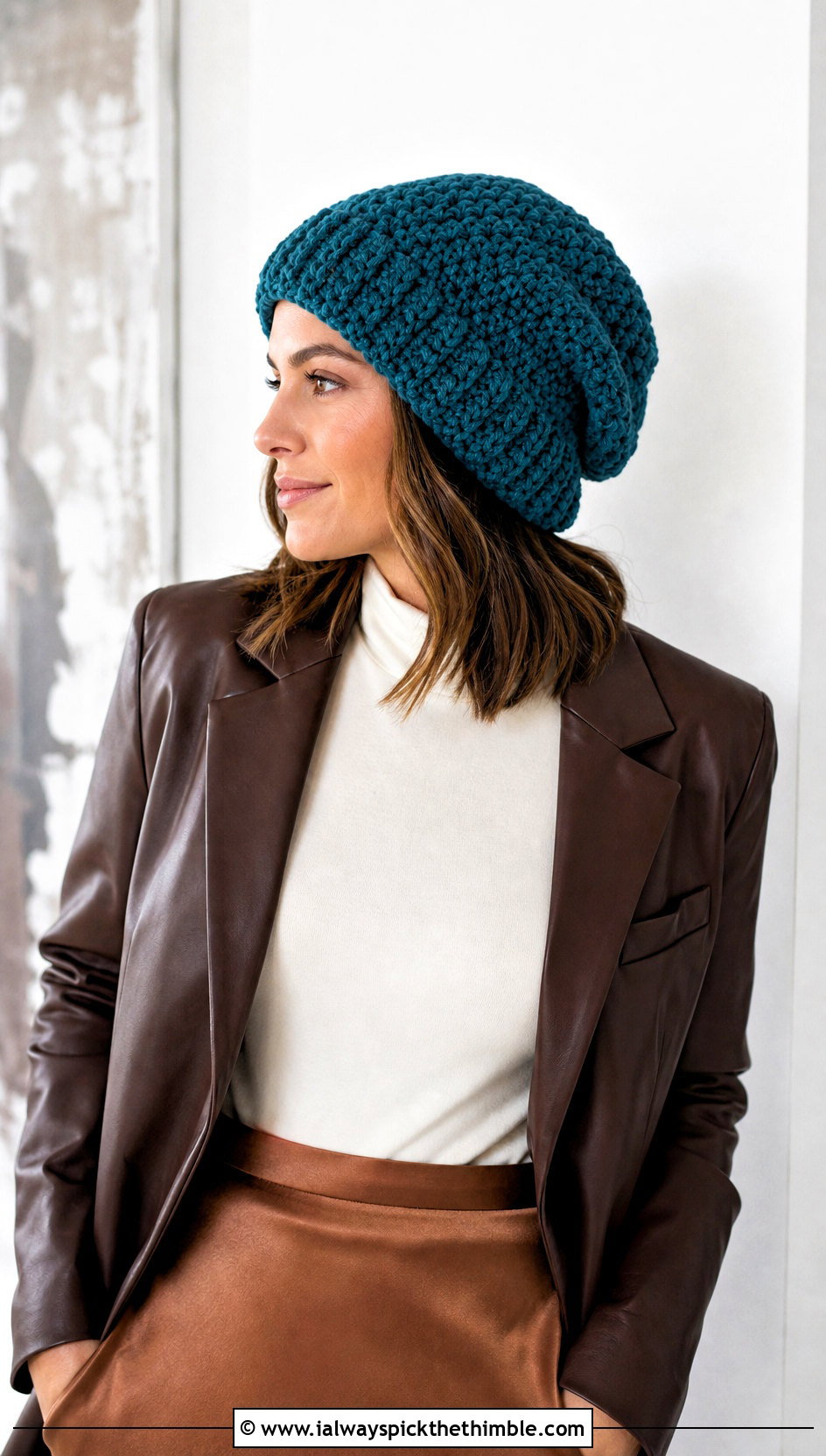 Bernat Blanket Yarn Slouchy Beanie With Leather Blazer - 20 bernat blanket yarn crochet hat outfit ideas
