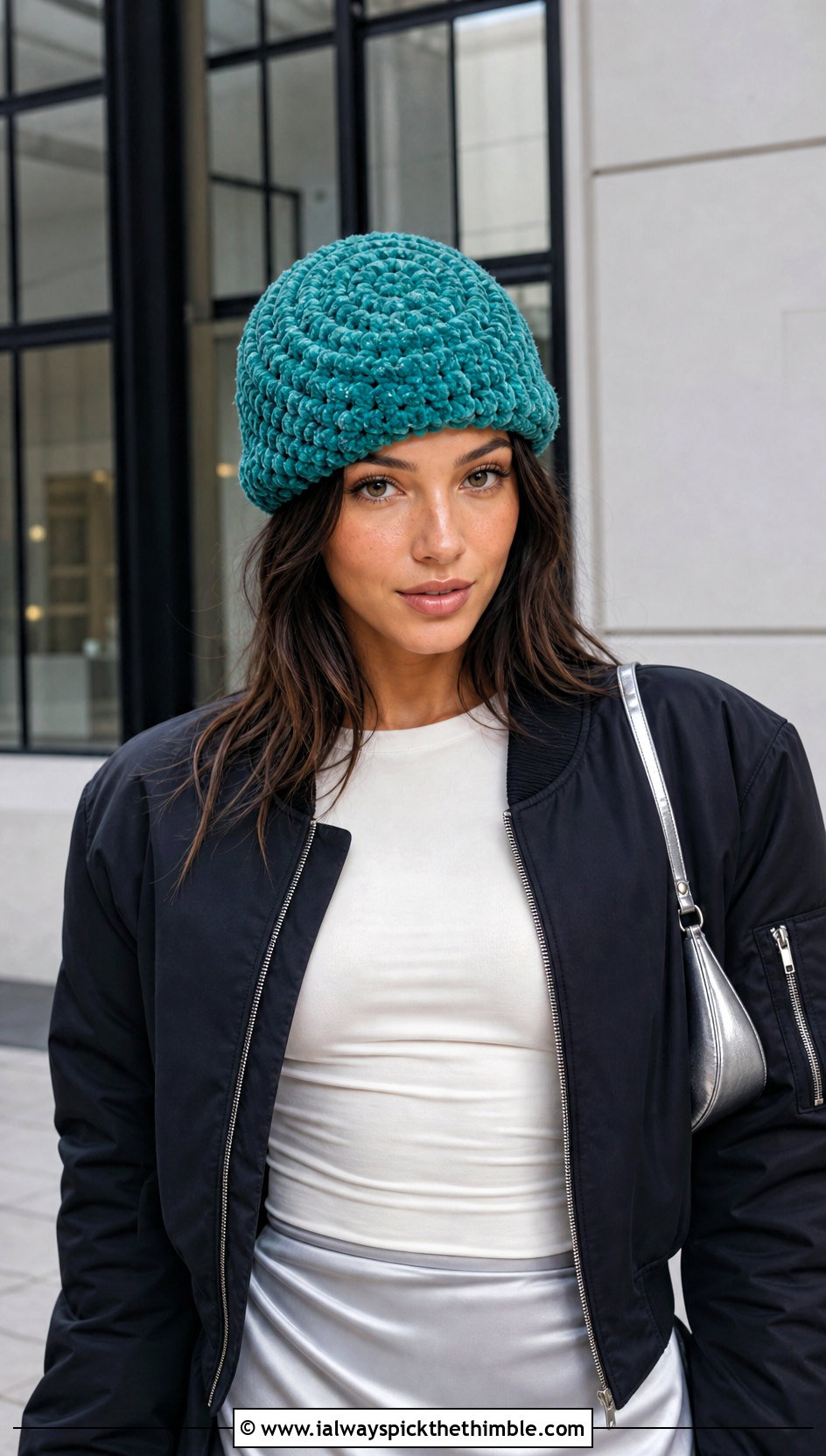 Bernat Blanket Yarn Spiral Beanie With Bomber Jacket - 20 bernat blanket yarn crochet hat outfit ideas