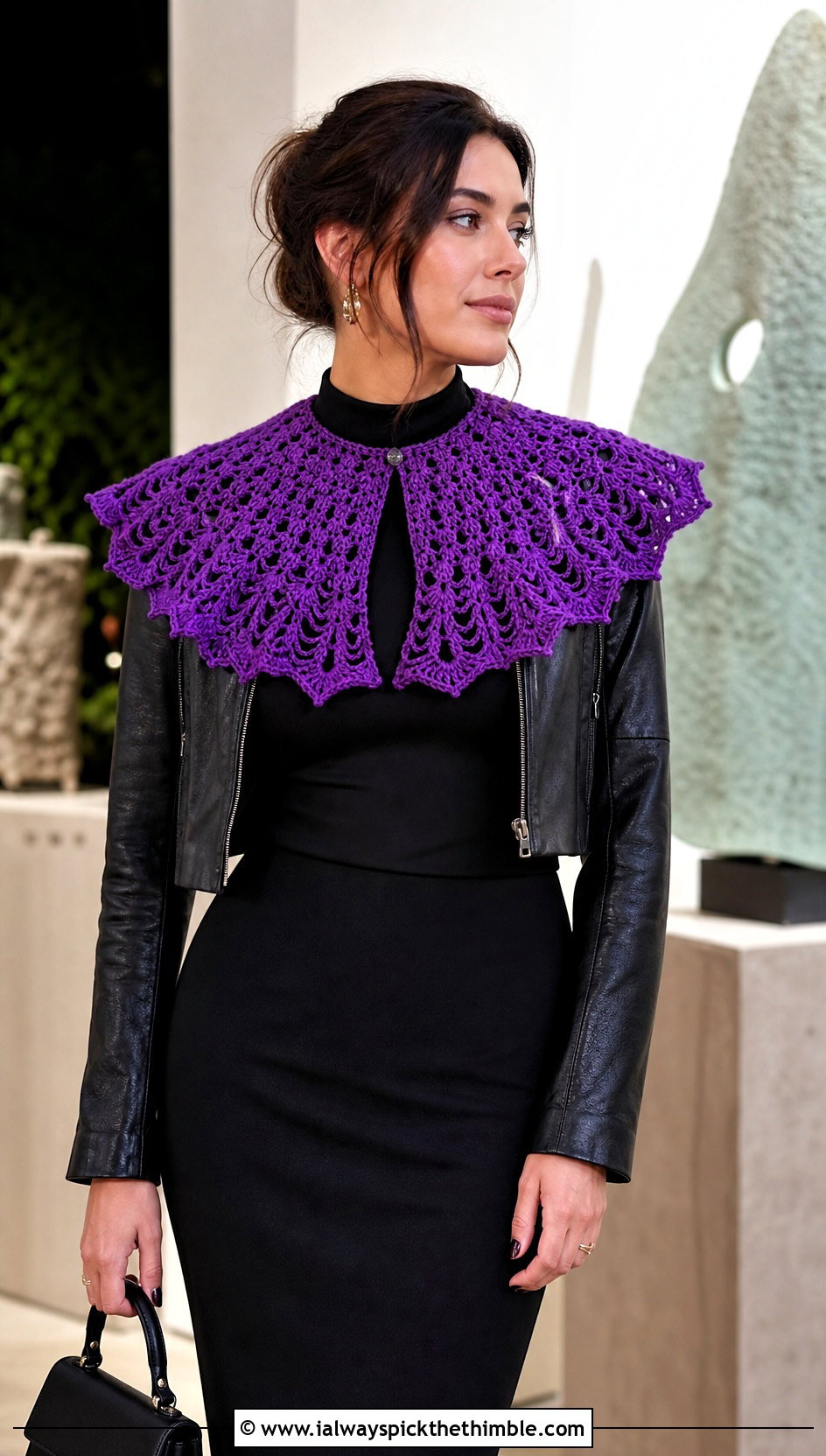 Bertha Crochet Collar With Leather Jacket And Column Skirt - 15 Vintage Crochet Collar Design outfit ideas