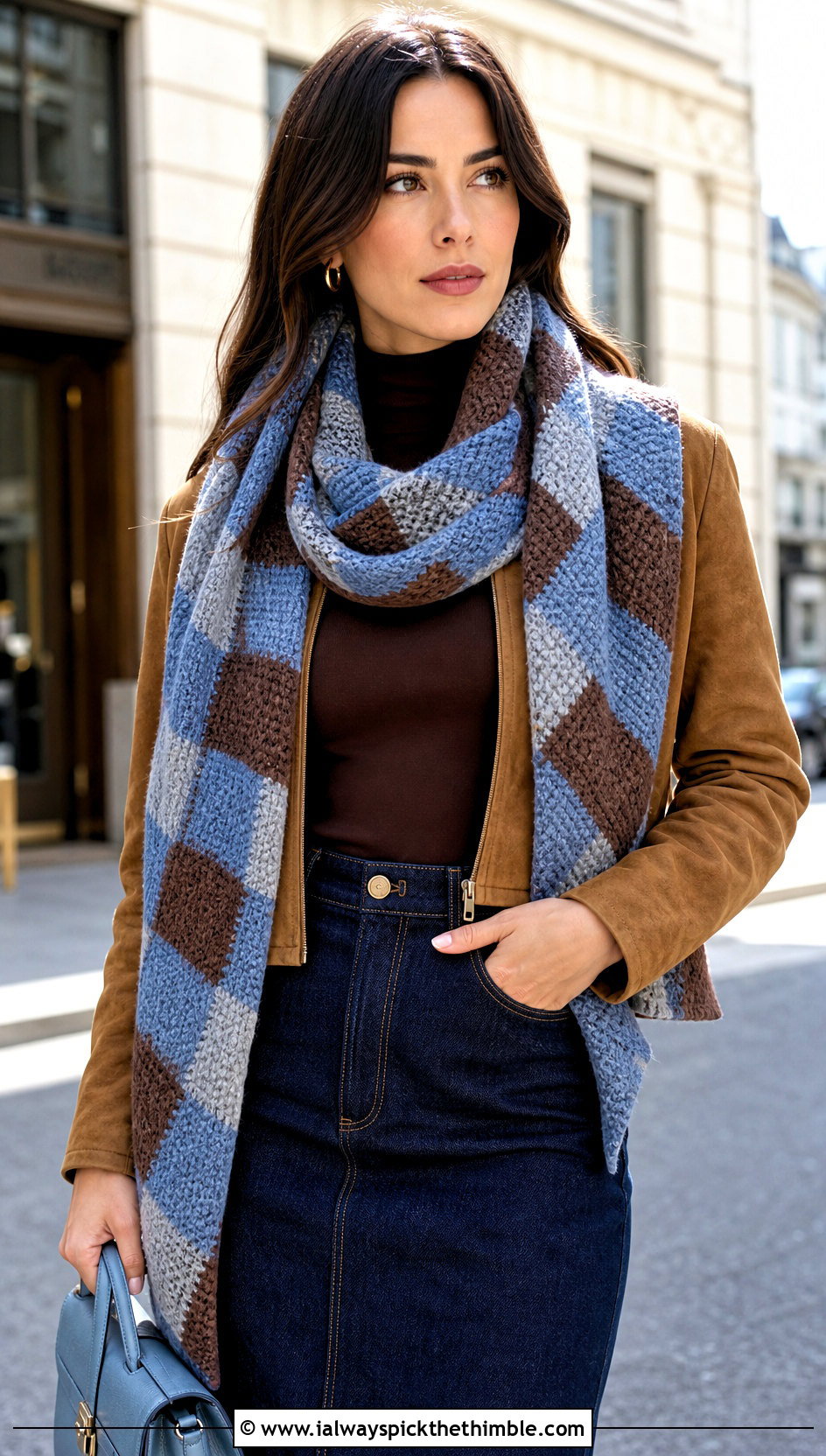 Bias Moss Stitch Buffalo Plaid Crochet Scarf With Denim Skirt - 15 buffalo plaid crochet scarf outfit ideas