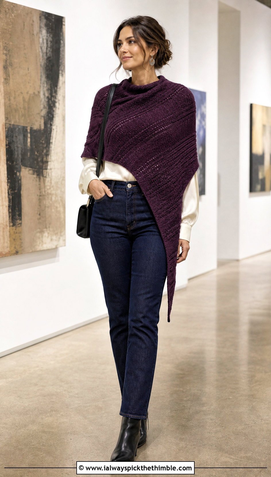 Bias Tunisian Shawl With Satin Blouse And Jeans - 25 tunisian crochet shawl outfit ideas