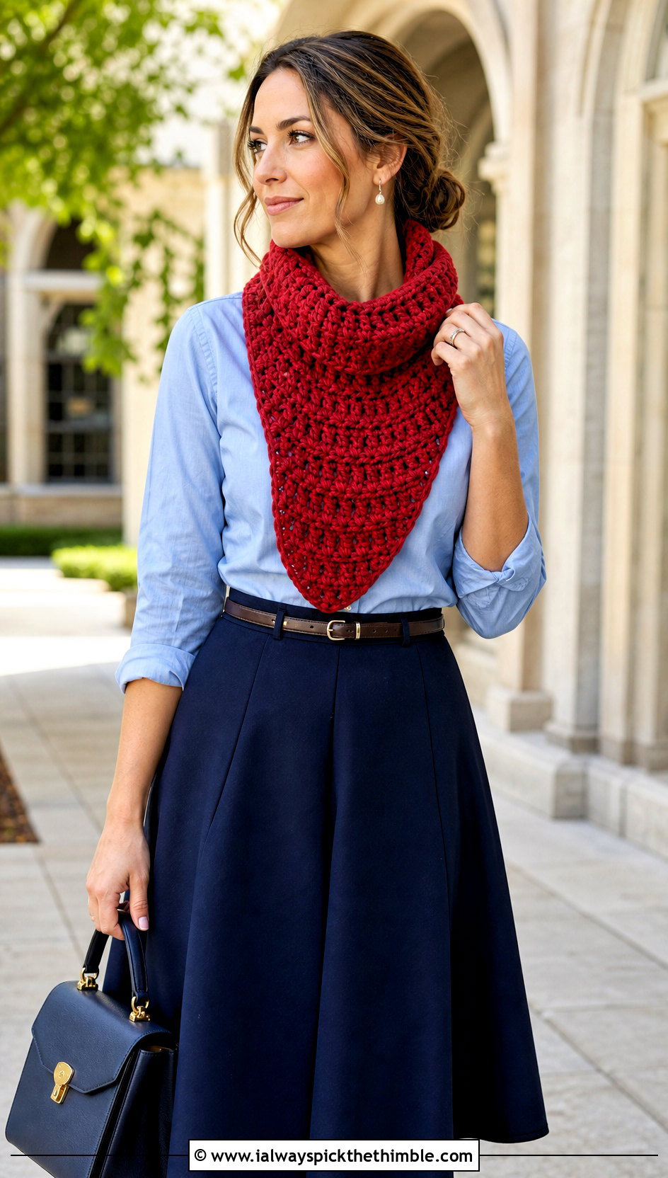 Bib Chunky Yarn Crochet Cowl With Button Down Shirt And Midi Skirt - 20 Chunky Yarn Crochet Cowl outfit ideas