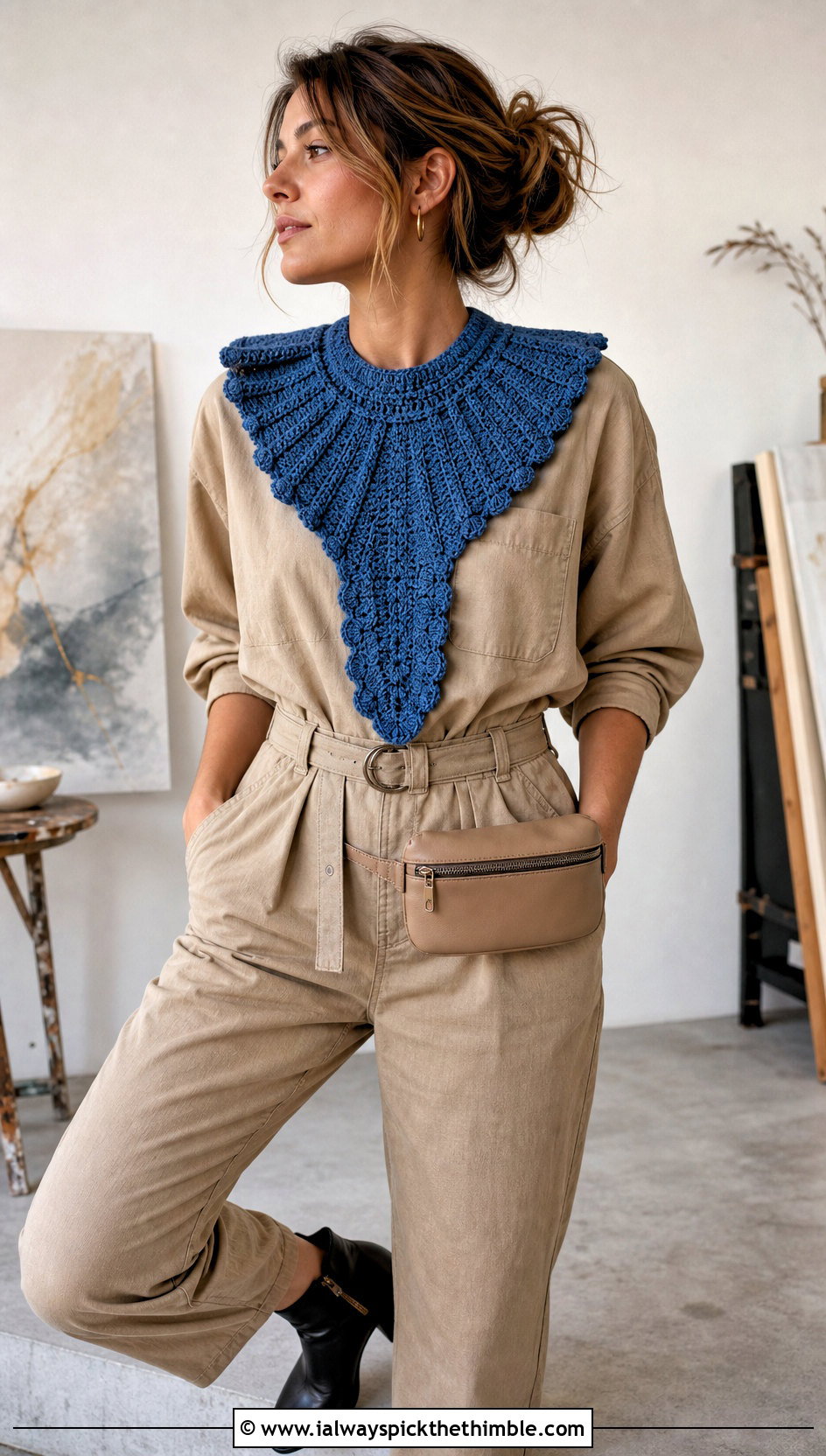 Bib Crochet Clown Collar With Utility Jumpsuit And Ankle Boots - 25 crochet clown collar outfit ideas