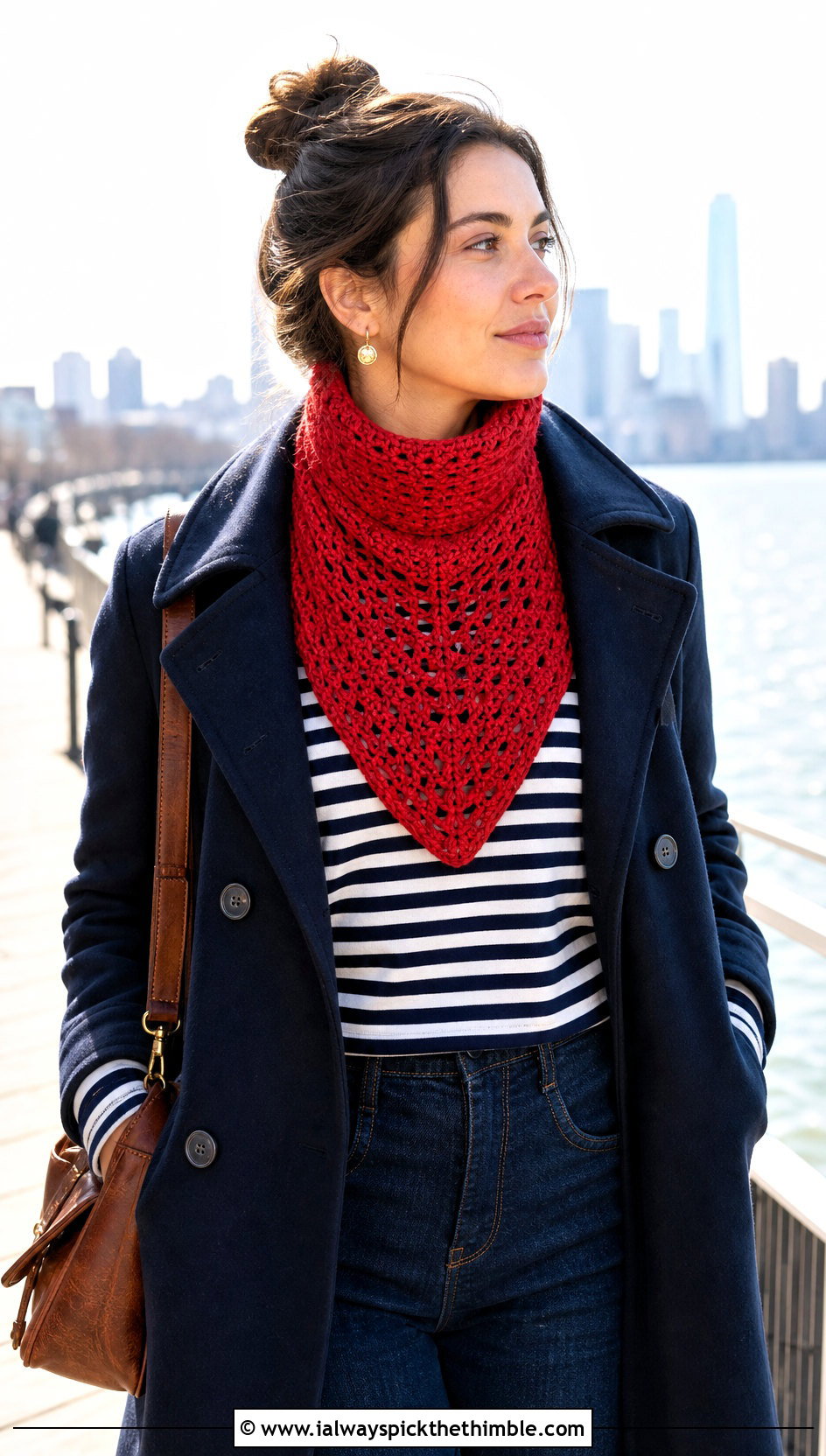 Bib Crochet Cowl With Peacoat And Wide Leg Jeans - 20 cowl crochet scarf outfit ideas