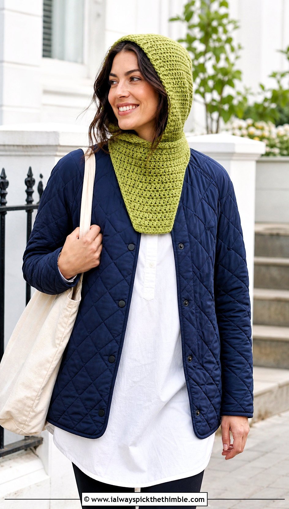 Bib Front Crochet Cowl Hat With Quilted Jacket And Leggings - 20 crochet cowl hat outfit ideas