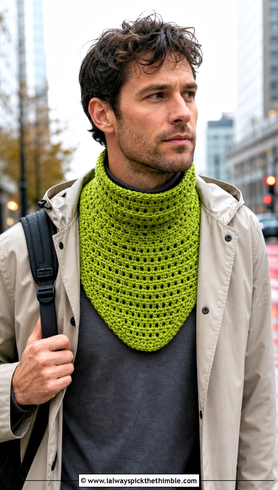 Bib Front Crochet Cowl With Raincoat - 20 crochet cowl for men outfit ideas