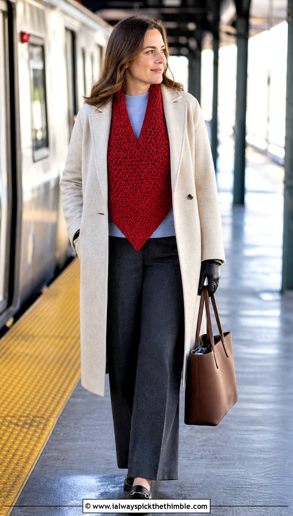 Bib Front Moss Stitch Crochet Cowl With Wool Coat And Tailored Pants - 15 Moss Stitch Crochet Cowl outfit ideas