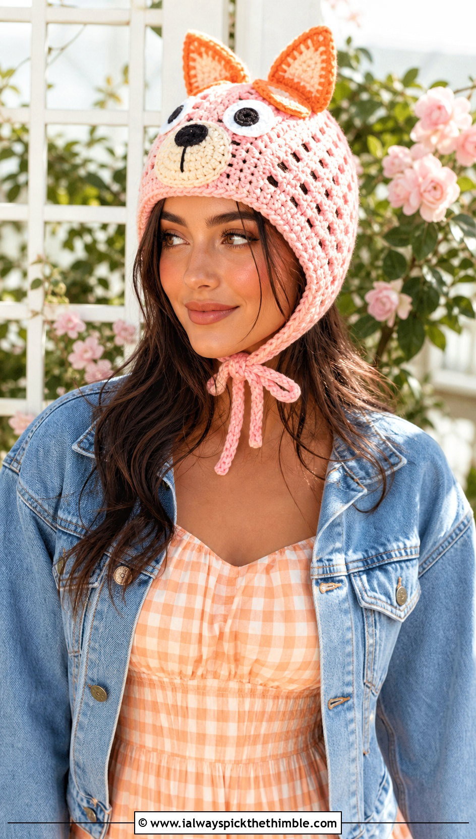 Bingo Crochet Bonnet With Gingham Dress - 20 bingo crochet hat outfit ideas