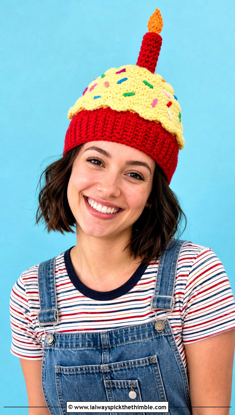 Birthday Candle Crochet Cupcake Hat With Denim Overalls - 20 crochet cupcake hat outfit ideas
