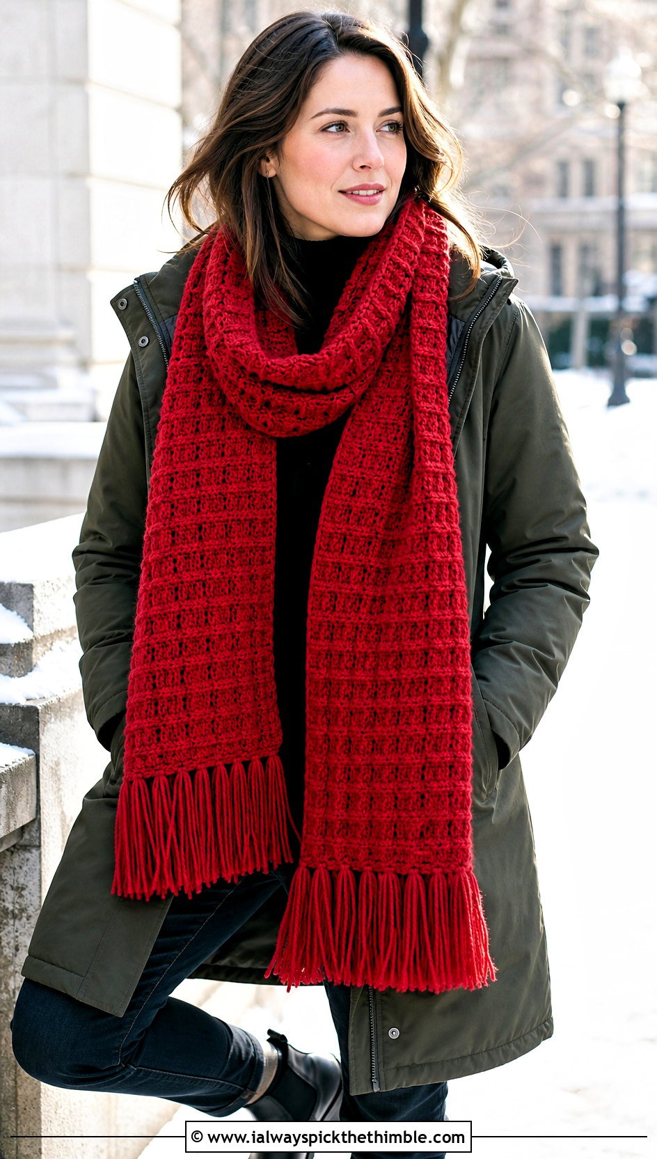 Biscuit Waffle Stitch Crochet Scarf With Parka And Boots - 15 neutral tone crochet scarf outfit ideas