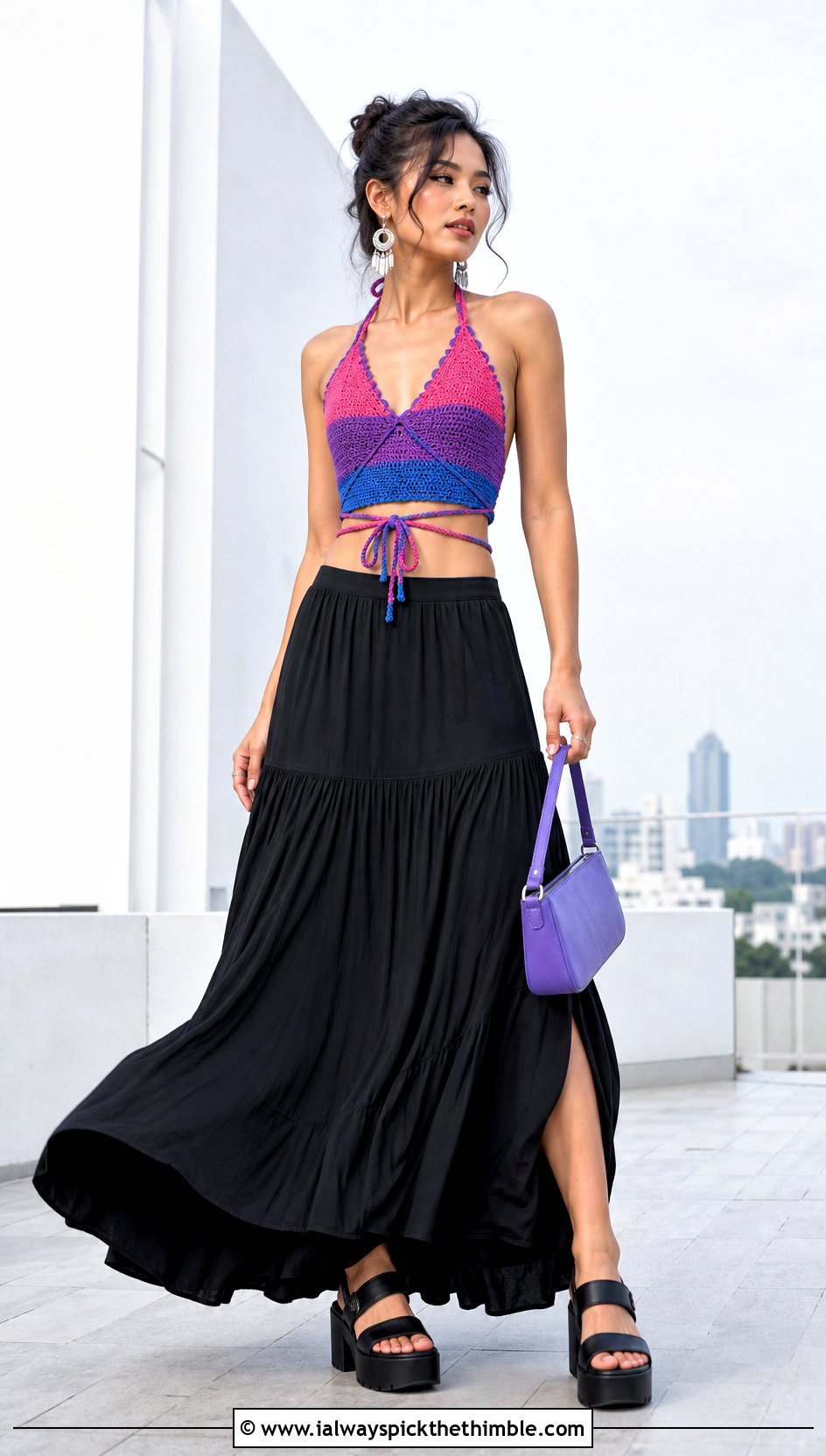 Bisexual Crochet Halter Top With Black Maxi Skirt - 25 crochet pride top outfit ideas
