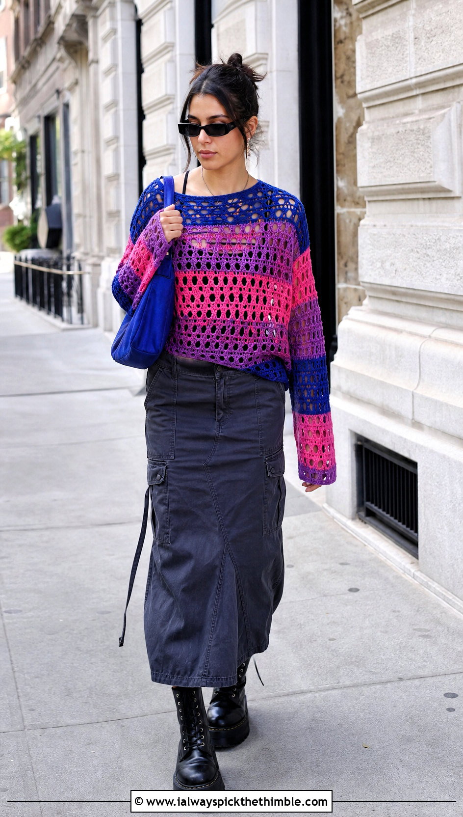 Bisexual Crochet Long Sleeve Top With Cargo Maxi Skirt - 25 crochet pride top outfit ideas